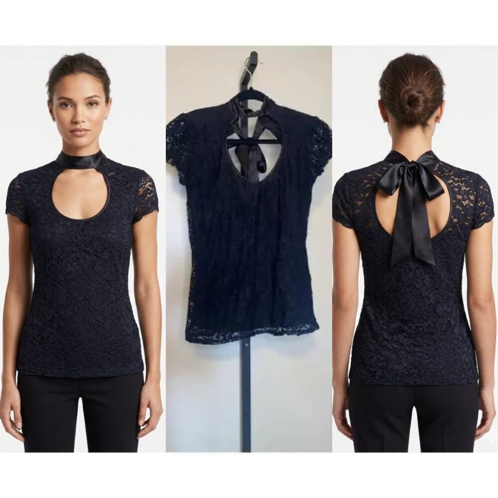 Lace Keyhole Tie-Back Blouse - Black